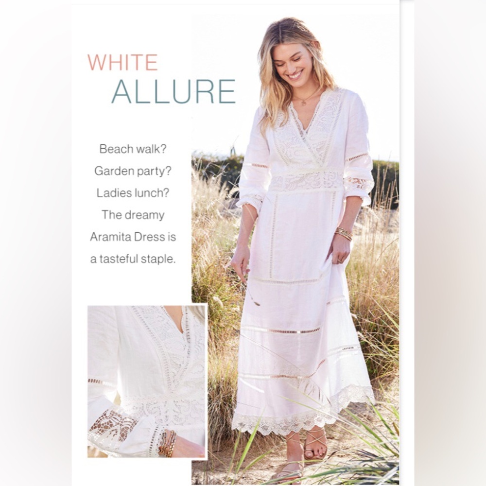 NWT SOFT SURROUNDINGS Araminta White Linen Lace Maxi Boho Tiered Dress